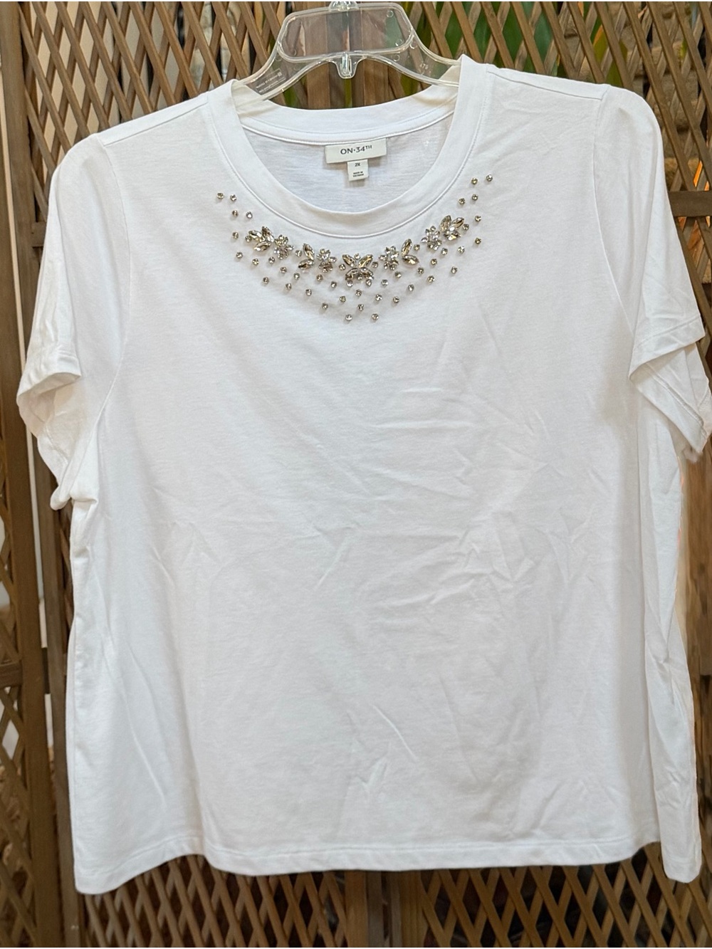 On 34th- White Embellished Jewel Neck Cropped Tee